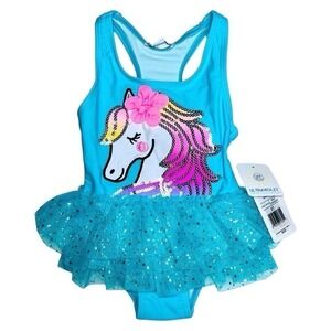 Flapdoodles 2T Little Girls 1 Piece Sequin Unicorn Aqua Blue Swimsuit NWT